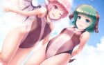  2girls :d ;d animal_ears bangs bare_arms bare_shoulders bird_wings blue_sky breasts cloud commentary_request competition_swimsuit covered_navel dutch_angle eyebrows_visible_through_hair green_eyes green_hair highres kasodani_kyouko looking_at_viewer lzh multiple_girls mystia_lorelei one-piece_swimsuit one_eye_closed open_mouth pink_eyes pink_hair short_hair sky small_breasts smile swimsuit touhou wings 