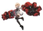  1girl :d blackball blonde_hair blue_eyes commentary full_body mecha mecha_musume mechanical_arms medium_hair open_mouth original science_fiction smile solo thighhighs white_background 