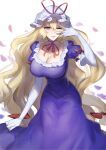  1girl absurdres bangs blonde_hair breasts cleavage commentary dress elbow_gloves gloves gunnjou_yosio hair_between_eyes hat highres large_breasts long_dress long_hair looking_at_viewer mob_cap one_eye_closed petals puffy_short_sleeves puffy_sleeves purple_dress short_sleeves simple_background smile solo touhou very_long_hair w w_over_eye wavy_hair white_background white_gloves white_headwear yakumo_yukari 