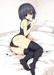  1girl arm_support ass bare_arms bare_shoulders black_legwear black_swimsuit closed_mouth grey_hair hand_up looking_at_viewer namonashi on_bed one-piece_swimsuit original pillow purple_eyes sitting solo swimsuit thighhighs yokozuwari 