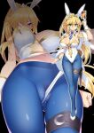  1girl ahoge animal_ears artoria_pendragon_(all) artoria_pendragon_(swimsuit_ruler)_(fate) bare_shoulders black_background blonde_hair blue_legwear blue_neckwear blush breasts bunny_ears cameltoe card closed_mouth covered_navel cowboy_shot crown eyebrows_visible_through_hair fake_animal_ears fate/grand_order fate_(series) green_eyes hair_between_eyes hand_up holding holding_card holster huge_breasts large_breasts leotard leotard_lift long_hair looking_at_viewer multiple_views namonashi navel necktie nipples pantyhose ponytail scarf short_necktie simple_background solo_focus standing sweat thigh_holster thigh_strap very_long_hair white_leotard wristband 