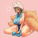  1girl barefoot blonde_hair blush breasts brown_eyes chanta_(ayatakaoisii) covered_nipples eyebrows_visible_through_hair fox_tail hat large_breasts multiple_tails naked_tabard pillow_hat pink_background short_hair sideboob simple_background solo tabard tail touhou white_headwear yakumo_ran 
