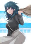  1girl absurdres alternate_costume bangs banned_artist black_shirt blue_eyes blue_hair breasts byleth_(fire_emblem) byleth_(fire_emblem)_(female) commentary_request contemporary fire_emblem fire_emblem:_three_houses grey_pants highres large_breasts long_hair long_sleeves looking_at_viewer pants shimizu_akina shirt smile solo suspenders 