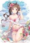  1girl absurdres animal_ears anklet antenna_hair arknights bangs bare_legs bare_shoulders barefoot bikini breasts brown_hair closed collarbone commentary_request day eyjafjalla_(arknights) eyjafjalla_(summer_flowers)_(arknights) full_body hair_bun highres horns jewelry leg_garter long_hair looking_at_viewer medium_breasts navel off-shoulder_bikini off_shoulder official_alternate_costume outdoors pink_bikini pink_eyes plaid plaid_bikini sheep sheep_ears sheep_girl sheep_horns shirt smile solo swimsuit water white_shirt ziyue 