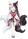  absurdres alice_mana alice_mana_channel animal_ear_fluff animal_ears bangs bell black_bow black_hair bow fangs fox_ears fox_girl fox_tail full_body hair_bell hair_ornament highres japanese_clothes kimono long_hair multicolored_hair multiple_tails nabi_(uz02) official_art open_mouth red_eyes sandals sleeves_past_fingers sleeves_past_wrists smile socks tail twintails two-tone_hair very_long_hair virtual_youtuber white_background white_hair 