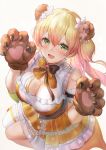  1girl :d animal_ears bare_shoulders bear_ears blonde_hair blush breasts brown_background brown_gloves cleavage commentary_request dress fang flower gloves green_eyes hair_flower hair_ornament hands_up heart hololive long_hair looking_at_viewer medium_breasts momosuzu_nene open_mouth paw_gloves paws pink_hair qian_wu_atai simple_background single_thighhigh sleeveless sleeveless_dress smile solo thighhighs two_side_up very_long_hair white_flower white_legwear yellow_dress 