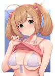  1girl ahoge bangs bare_shoulders blue_background blush border bra breasts brown_hair camisole camisole_lift cleavage closed_mouth commentary_request eyebrows_visible_through_hair gradient gradient_background green_eyes hair_ornament hair_scrunchie idolmaster idolmaster_cinderella_girls large_breasts long_hair looking_at_viewer outside_border red_camisole satou_shin scrunchie smile solo tomajiyama twintails underwear upper_body white_border white_bra 
