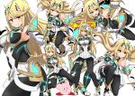  1girl absurdres aegis_sword_(xenoblade) asyura_kumo bangs bare_shoulders black_legwear blonde_hair breasts chest_jewel dress earrings elbow_gloves gem gloves headpiece highres jewelry kirby kirby_(series) large_breasts long_hair looking_at_viewer mythra_(massive_melee)_(xenoblade) mythra_(xenoblade) pantyhose solo super_smash_bros. swept_bangs tiara very_long_hair white_dress white_gloves xenoblade_chronicles_(series) xenoblade_chronicles_2 yellow_eyes 