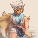  1girl bare_legs barefoot blonde_hair breasts bright_pupils brown_eyes chanta_(ayatakaoisii) dress eyebrows_visible_through_hair fox_tail hat knee_up large_breasts long_sleeves looking_at_viewer multiple_tails pillow_hat short_hair sitting solo tabard tail touhou white_dress white_headwear white_pupils yakumo_ran 