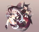  2girls absurdres akagi_(azur_lane) azur_lane black_hair blush breasts commentary_request floating fox_girl gloves grey_background grey_hair hair_ornament hairclip high_heels highres long_hair loose_socks low_twintails medium_breasts multiple_girls multiple_tails no_bra red_eyes shirt shoes simple_background single_thighhigh skirt tail tears thighhighs twintails underboob younger yuudachi_(azur_lane) zero_(miraichizu) 