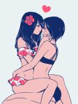  2girls bangs bare_arms bare_legs bikini black_bikini black_hair blue_background blush closed_eyes closed_mouth commentary_request couple english_commentary flower frilled_bikini frills hair_flower hair_ornament hamachika hand_on_another&#039;s_face hands_on_another&#039;s_waist heart highres long_hair looking_at_another mixed-language_commentary multiple_girls off-shoulder_bikini off_shoulder open_mouth original red_bikini red_flower seiza simple_background sitting sitting_on_lap sitting_on_person smile straddling swimsuit upright_straddle white_bikini yuri 