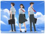  1girl 2boys arms_behind_back bag black_footwear black_pants black_skirt blue_sky bookbag hand_in_pocket long_hair looking_at_viewer morisaki_taku multiple_boys mutou_rikako necktie ocean outdoors pants pier red_neckwear short_hair short_sleeves skirt sky standing summer umi_ga_kikoeru water white_footwear yana_yana 