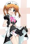  1girl ;d alternate_costume apron back_bow bangs black_dress blue_eyes blush bow bow_panties bowtie brown_hair clothes_lift commentary_request cowboy_shot crotch_seam dress dress_lift enmaided lifted_by_self looking_at_viewer lyrical_nanoha mahou_shoujo_lyrical_nanoha maid maid_apron maid_headdress miyajima_hitoshi one_eye_closed open_mouth panties pink_neckwear puffy_short_sleeves puffy_sleeves short_hair short_sleeves smile solo standing takamachi_nanoha twintails underwear white_apron white_panties 