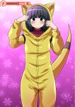  1girl abra absurdres animal_ears artist_name black_hair buttons crossover english_text gen_1_pokemon gym_leader highres komi-san_wa_komyushou_desu long_hair mgx0 pajamas patreon_logo pokemon pokemon_(game) pokemon_rgby purple_background red_eyes sabrina_(pokemon) tail 