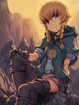  1girl arm_support artist_name bangs belt black_choker blonde_hair blue_eyes boots braid breasts brown_belt brown_gloves capelet choker gloves hair_ornament highres hood hood_down hooded_capelet hyrule_warriors jack_rockhardt jewelry knee_up linkle long_hair looking_at_viewer necklace pointy_ears rock shorts sitting smile solo the_legend_of_zelda thigh_boots thighhighs twin_braids watermark 