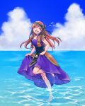 1girl barefoot bird breasts chrono_cross closed_eyes clothes_lift cloud dress dress_lift full_body hairband highres long_hair michibata_65 ocean open_mouth red_hair rena_(chrono_cross) smile solo 