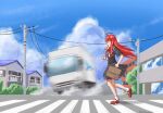  1girl ahoge bag bangs blue_sky bow clenched_hands cloud commentary dress food food_in_mouth frilled_dress frills ground_vehicle highres hime_cut holding holding_bag hololive hololive_indonesia house kureiji_ollie large_bow long_hair mary_janes motion_blur motor_vehicle mouth_hold olivia_(kureiji_ollie) red_bow red_footwear red_hair road shoes sky smile socks solo toast toast_in_mouth truck virtual_youtuber wchanworks 