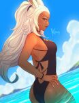  1girl animal_ears ass blurry blurry_background bracelet breasts bunny_ears dark-skinned_female dark_skin day dutch_angle final_fantasy final_fantasy_xii fran_(ff12) hand_on_hip highres horizon jewelry koyorin long_hair looking_at_viewer medium_breasts one-piece_swimsuit ponytail profile red_eyes solo swimsuit viera water wet white_hair 