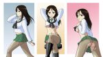  1girl anus ass black_hair black_legwear blue_background blue_eyes blush border breasts closed_mouth clothes_lift crossed_legs doodlepoodle girls_und_panzer gradient gradient_background highres large_breasts long_hair looking_at_viewer looking_back midriff miniskirt multiple_views navel nipples no_bra nonna_(girls_und_panzer) ooarai_school_uniform orange_background pantyhose pink_background pleated_skirt pussy school_uniform shiny shiny_hair shirt_lift simple_background skirt smile torn_clothes torn_legwear underboob white_border 