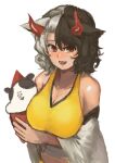  1girl absurdres animal_ears black_hair breasts chanta_(ayatakaoisii) cleavage cow_ears cow_horns grey_hair highres horns large_breasts multicolored_hair open_mouth red_eyes red_horns simple_background smile solo touhou two-tone_hair upper_body ushizaki_urumi white_background 