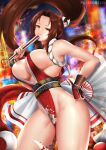  1girl bangs bare_shoulders breasts brown_eyes brown_hair center_opening cleavage cyicheng dress fan fatal_fury fire folding_fan forehead high_ponytail holding holding_fan japanese_clothes large_breasts long_hair looking_at_viewer no_bra parted_bangs pelvic_curtain ponytail red_dress revealing_clothes sash shiranui_mai sideboob smile solo the_king_of_fighters thick_thighs thighs 