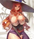  1girl bare_shoulders breasts brown_hair cleavage covered_navel detached_sleeves dragon&#039;s_crown dress hat huge_breasts kazo long_hair looking_at_viewer parted_lips purple_dress sitting solo sorceress_(dragon&#039;s_crown) thick_thighs thighs witch_hat 