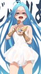  1girl bare_shoulders beef blue_eyes blue_hair bridal_gauntlets choker dress granblue_fantasy highres long_hair lyria_(granblue_fantasy) mikokomiyazawa open_mouth short_dress skewer solo very_long_hair white_dress 