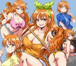  1girl absurdres bikini blue_neckwear blue_shirt bocodamondo breasts cleavage glasses grin hair_ornament highres large_breasts long_hair looking_at_viewer multiple_views nami_(one_piece) necktie one_piece orange_eyes orange_hair shirt short_hair simple_background smile swimsuit tattoo 
