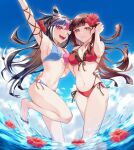  2girls :d arm_up bangs bikini black_hair blue_hair blunt_bangs breasts brown_hair cleavage collarbone commentary danganronpa_(series) danganronpa_2:_goodbye_despair danganronpa_s:_ultimate_summer_camp day emimimi_(ronpapa_0128) eyebrows_visible_through_hair fang flower foot_up hair_flower hair_horns hair_ornament hand_in_hair hand_on_hip hibiscus highres long_hair medium_breasts mioda_ibuki multicolored_hair multiple_girls navel o-ring o-ring_bikini one_eye_closed open_mouth outdoors piercing pink_eyes pink_hair red_bikini red_flower school_uniform side-tie_bikini smile stomach swimsuit symbol_commentary toenail_polish tsumiki_mikan two-tone_bikini wading water white_hair 