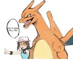  1girl black_wristband blue_shirt brown_eyes brown_hair bucket_hat charizard closed_eyes english_commentary english_text gen_1_pokemon hat highres leaf_(pokemon) long_hair muscular pointing pointing_forward pokemon pokemon_(game) pokemon_frlg rape_face shirt sleeveless sleeveless_shirt veins white_headwear wristband yourfreakyneighbourh 