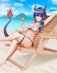  1girl absurd_fox absurdres arknights bare_shoulders beach bikini blue_hair breasts ch&#039;en_(arknights) commentary day dragon_girl dragon_horns dragon_tail hair_between_eyes highres horns looking_at_viewer navel red_eyes self_upload stomach swimsuit tail tail-tip_fire water white_bikini 