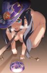 1girl all_fours animal_collar areolae ass black_hair blue_eyes blush bowl breasts collar cum cum_in_bowl cum_in_container cum_in_mouth dog_lead genshin_impact hat heavy_breathing highres leash looking_at_viewer mona_(genshin_impact) nipples nude okpriko open_mouth pet_play pov solo sweat symbol-shaped_pupils tongue tongue_out witch_hat 
