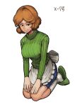  1girl absurdres apron brown_hair chanta_(ayatakaoisii) character_request copyright_request frilled_apron frills full_body green_footwear green_sweater highres long_sleeves seiza short_hair sitting slippers socks solo sweater waist_apron white_apron white_legwear 