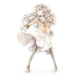  1girl bow closed_mouth dress drill_hair full_body goggles goggles_on_head green_eyes grey_hair hair_bow long_hair maria_balthasar michibata_65 pantyhose simple_background solo white_background xenogears yellow_bow 
