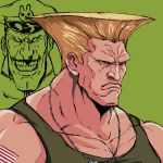  2boys blonde_hair dog_tags frown green_background grin guile hat honjojnoh male_focus multiple_boys simple_background smile street_fighter tattoo teeth vega 