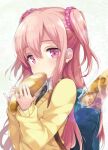  1girl backpack bag bread emily_(pure_dream) eyebrows_visible_through_hair food hair_between_eyes long_hair looking_at_viewer necktie original pink_eyes pink_hair solo sweater two_side_up upper_body 