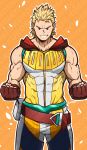  1boy absurdres alternate_costume bara bare_shoulders blonde_hair blue_eyes bodysuit boku_no_hero_academia covered_abs feet_out_of_frame highres kuroshinki looking_at_viewer male_focus muscular muscular_male pectorals short_hair sleeveless smirk solo spiked_hair standing togata_mirio white_bodysuit 