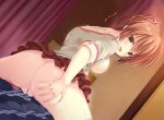  1girl bed bottomless breasts brown_eyes brown_hair circus_(studio) da_capo da_capo_iii from_behind game_cg hinomoto_aoi medium_breasts nipples pussy smile solo takano_yuki_(allegro_mistic) third-party_edit uncensored 