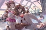  3girls ahoge angelina_(arknights) angelina_(summer_flowers)_(arknights) animal_ears arknights arm_up asc11 bangs bare_legs bare_shoulders barefoot bikini bikini_skirt blush breasts brown_hair camera chinese_commentary cleavage closed_mouth commentary_request eyjafjalla_(arknights) eyjafjalla_(summer_flowers)_(arknights) fox_girl fox_tail full_body glasses hair_ribbon highres horns innertube kneeling knees_up leg_garter long_hair looking_at_viewer medium_breasts midriff multiple_girls nail_polish navel off-shoulder_bikini off_shoulder official_alternate_costume one-piece_swimsuit parted_lips partially_submerged pink_eyes pink_nails plaid plaid_bikini plant pool potted_plant red_eyes red_ribbon red_swimsuit ribbon sandals semi-rimless_eyewear sheep_ears sheep_girl sheep_horns short_sleeves sidelocks sitting swimsuit tail thigh_strap toenail_polish tomimi_(arknights) tripod twintails very_long_hair white_footwear wristband 