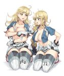  2girls belt black_hair blonde_hair blue_eyes blue_shirt braid breast_pocket breasts brown_eyes brown_hair collared_shirt commission cosplay covering_mouth gambier_bay_(kancolle) gambier_bay_(kancolle)_(cosplay) gloves gradient_hair highres kantai_collection large_breasts long_braid multicolored multicolored_clothes multicolored_gloves multicolored_hair multicolored_shorts multiple_girls nico-mo_(vrua4425) open_clothes open_shirt original pocket shirt short_shorts short_sleeves shorts single_braid thighhighs white_belt white_legwear 