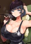  1girl bangs bare_shoulders black_hair black_tank_top blue_eyes blunt_bangs breasts cleavage drying highres large_breasts original short_hair strap_pull tank_top towel yac_(mokkori) 