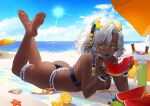  1girl beach callais_de_castellane cao_hong_anh dark_skin eating elf food fruit goggles goggles_on_head highres indie_virtual_youtuber looking_at_viewer making-of_available orange_(food) pointy_ears seashell self-portrait shell solo swimsuit umbrella virtual_youtuber watermelon white_hair yellow_eyes 