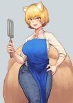  1girl absurdres alternate_costume animal_ears apron blonde_hair blue_apron breasts chanta_(ayatakaoisii) collared_shirt cowboy_shot denim fox_ears fox_tail grey_background hand_on_hip highres holding holding_spatula jeans large_breasts long_sleeves looking_at_viewer multiple_tails no_hat no_headwear open_mouth pants shirt short_hair simple_background smile solo spatula tail touhou white_shirt yakumo_ran yellow_eyes 