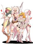  1boy 3girls animal_ears bard_(final_fantasy) bare_legs belt berserker_(final_fantasy) blonde_hair blue_eyes blush brown_hair butz_klauser chemist_(final_fantasy) fake_animal_ears faris_scherwiz final_fantasy final_fantasy_v green_eyes hat headband heart krile_mayer_baldesion lenna_charlotte_tycoon miniskirt multiple_girls pink_hair ponytail purple_hair saito_piyoko skirt smile white_mage white_robe wolf_ears wolf_pelt 