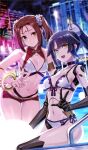  2girls :d absurdres bare_shoulders black_choker black_hair blush bracelet breasts brown_eyes brown_hair choker craft_essence cropped doll_joints eyebrows_visible_through_hair fate/grand_order fate_(series) highres jewelry joints katou_danzou_(fate) long_hair looking_at_viewer medium_breasts midsummer_memories multiple_girls nezha_(fate) non-web_source official_art open_mouth ponytail pool_ladder saitou_hiroki scan smile v wet yellow_eyes 