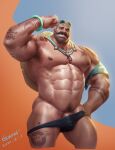 1boy 6suan abs arm_tattoo bald bara bare_pectorals beard biceps black_male_swimwear braum_(league_of_legends) bulge cropped_legs dark-skinned_male dark_skin facial_hair flexing groin highres jewelry large_pectorals league_of_legends looking_at_viewer male_focus male_pubic_hair male_swimwear mature_male muscular muscular_male mustache navel navel_hair necklace nipples official_alternate_costume pectorals penis_peek pose pubic_hair smile solo stomach sunglasses swim_briefs tattoo thick_thighs thighs 