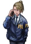  1girl absurdres black_jacket black_neckwear blue_eyes brown_hair chanta_(ayatakaoisii) collared_shirt fbi highres holding holding_phone jacket long_hair long_sleeves necktie open_mouth original phone ponytail shirt simple_background solo white_background white_shirt 