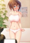  1girl arms_at_sides bangs bare_arms bare_shoulders blue_eyes blurry blurry_foreground blush bra breasts brown_hair collarbone commentary_request covered_nipples cowboy_shot embarrassed hair_between_eyes highres ichi_makoto indoors large_breasts navel nose_blush original panties solo stomach sweat thigh_gap underwear underwear_only wavy_mouth white_bra white_panties 