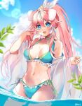  1girl :d animal_ears bare_shoulders bikini blue_bikini blue_eyes breasts choker day dog_ears floppy_ears frilled_bikini frills hair_ribbon highres indie_virtual_youtuber long_hair looking_at_viewer medium_breasts multicolored_hair navel off_shoulder open_clothes open_mouth outdoors pink_hair ponytail ribbon side-tie_bikini smile solo standing stomach streaked_hair swimsuit thighs very_long_hair virtual_youtuber wading water wet yuniiho yuniiho_(vtuber) 
