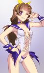  1girl amanogawa_kirara armpits bangs blunt_bangs breasts brown_hair choker cosplay go!_princess_precure gradient gradient_background grin hairband hand_on_hip long_hair looking_at_viewer maebari magical_girl nadeara_bukichi one_eye_closed precure purple_choker purple_eyes purple_sailor_collar purple_skirt sailor_collar simple_background sketch skirt sleeveless smile solo teeth underwear w wrist_cuffs yellow_hairband 